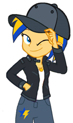 Size: 1067x1796 | Tagged: safe, artist:mlpfan3991, derpibooru import, oc, oc only, oc:flare spark, display of affection, equestria girls, equestria girls series, baseball cap, cap, clothes, cutie mark on clothes, denim, female, hat, jacket, jeans, jewelry, looking at you, necklace, one eye closed, pants, simple background, smiling, solo, tomboy, transparent background, wink, winking at you
