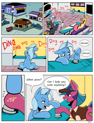 Size: 3840x5015 | Tagged: safe, artist:balileart, derpibooru import, trixie, oc, earth pony, pegasus, pony, unicorn, bell, chips, comic, dialogue, female, food, male, mare, nachos, speech bubble, stallion, taco, taco bell