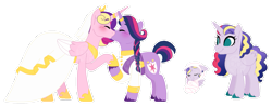 Size: 1319x521 | Tagged: safe, artist:xxanimatorixx, derpibooru import, princess cadance, princess flurry heart, twilight sparkle, unicorn twilight, alicorn, pony, unicorn, alternate universe, baby, baby pony, blushing, braid, clothes, colored hooves, colored wings, colored wingtips, dress, female, foal, folded wings, hoof shoes, horn, horn ring, jewelry, kissing, lesbian, magical lesbian spawn, obtrusive watermark, offspring, older, older flurry heart, parent:princess cadance, parent:twilight sparkle, parents:twidance, ring, shipping, simple background, swaddled baby, tiara, transparent background, twidance, unshorn fetlocks, veil, watermark, wedding dress, wedding ring, wedding veil, wings