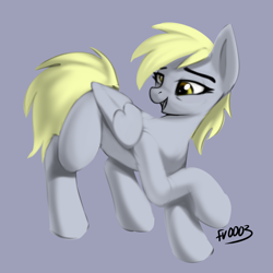 Size: 2000x2000 | Tagged: safe, artist:fv0003, derpibooru import, derpy hooves, pegasus, pony, female, gray background, mare, open mouth, open smile, raised hoof, raised leg, simple background, smiling, solo