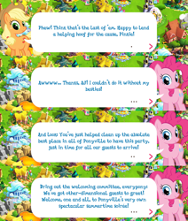 Size: 2048x2414 | Tagged: safe, derpibooru import, applejack, pinkie pie, earth pony, pony, applejack's hat, clothes, cowboy hat, dialogue, dialogue box, english, female, gameloft, hat, mare, mobile game, my little pony: magic princess, official, speech bubble, text