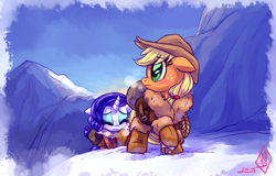 Size: 1950x1250 | Tagged: safe, artist:whitediamonds, derpibooru import, applejack, rarity, earth pony, pony, unicorn, g4, applejack's hat, blushing, boots, breath, bundled up, clothes, cold, cowboy hat, duo, duo female, eyebrows, eyebrows visible through hair, eyes closed, female, freckles, hat, horn, jacket, lesbian, mare, mountain, outdoors, raised hoof, raised leg, rarijack, rarijack daily, shipping, shoes, signature, snow