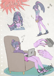 Size: 1920x2716 | Tagged: safe, artist:amazingpuffhair, derpibooru import, sci-twi, twilight sparkle, human, equestria girls, barefoot, chair, commission, computer, feet, high res, laptop computer, sitting, solo