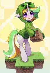 Size: 1280x1862 | Tagged: safe, artist:astralblues, derpibooru import, oc, pony, unicorn, bipedal, clothes, cosplay, costume, creeper (minecraft), cute, hoodie, minecraft, solo, tongue, tongue out