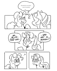 Size: 1239x1556 | Tagged: safe, artist:kylesmeallie, derpibooru import, pinkie pie, starlight glimmer, earth pony, pony, unicorn, black and white, comic, dialogue, duo, female, grayscale, implied princess celestia, mare, monochrome, question mark, religion, simple background, speech bubble, white background