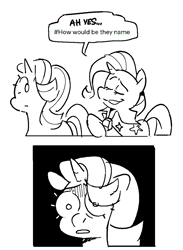 Size: 871x1187 | Tagged: safe, artist:kylesmeallie, derpibooru import, starlight glimmer, trixie, pony, unicorn, black and white, comic, dialogue, female, grayscale, hair over one eye, mare, monochrome, religion, simple background, speech bubble, white background