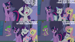 Size: 2000x1125 | Tagged: safe, derpibooru import, edit, edited screencap, editor:quoterific, screencap, fluttershy, rarity, spike, twilight sparkle, twilight sparkle (alicorn), alicorn, dragon, pegasus, pony, unicorn, the ending of the end, bag, blushing, child, cute, faint, female, male, mare, saddle bag, twiabetes, winged spike, wings, younger