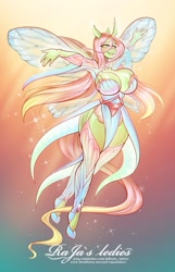 Size: 773x1199 | Tagged: safe, artist:rajas_ledies, derpibooru import, queen chrysalis, anthro, changedling, changeling, changeling queen, big breasts, breasts, cleavage, clothes, dress, female, horn, huge breasts, purified chrysalis, sexy, solo, wings