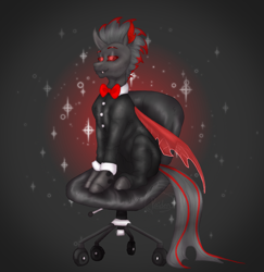 Size: 1168x1200 | Tagged: artist needed, safe, derpibooru import, oc, oc only, changeling, bowtie, chair, clothes, office chair, red changeling, solo, sparkles, suit