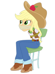 Size: 1472x2000 | Tagged: safe, artist:splendidbondage, derpibooru import, applejack, equestria girls, bondage, chair, gag, simple background, solo, tied up, transparent background