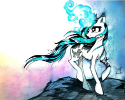 Size: 1024x815 | Tagged: safe, artist:hysteriana, derpibooru import, edit, oc, unicorn, amber eyes, evening, female, mare, not porn, old art, sfw edit, solo, spots, traditional art, unicorn magic