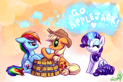 Size: 2000x1325 | Tagged: safe, artist:whitediamonds, derpibooru import, applejack, rainbow dash, rarity, earth pony, pegasus, pony, unicorn, g4, ^^, applejack's hat, barrel, cheering, clothes, cowboy hat, cute, ears, eyes closed, female, floppy ears, folded wings, freckles, frown, glowing, glowing horn, hat, heart, hoofwrestle, horn, lesbian, magic, magic aura, mare, rainbow dash is not amused, raribetes, rarijack, rarijack daily, shipping, signature, sitting, smiling, sparkles, trio, unamused, wings