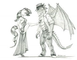 Size: 1400x1094 | Tagged: safe, artist:baron engel, derpibooru import, rarity, spike, anthro, dragon, unguligrade anthro, unicorn, big breasts, black and white, breasts, clothes, dress, duo, female, gigachad spike, grayscale, hat, male, monochrome, older, older spike, open clothes, open shirt, pants, pencil drawing, raritits, schrödinger's pantsu, shipping, shirt, side slit, sideboob, simple background, sparity, straight, tango, traditional art, white background