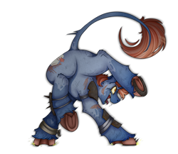 Size: 2300x2000 | Tagged: safe, artist:molars, derpibooru import, oc, oc only, oc:tenpin, pony, unicorn, fallout equestria, armor, ashes town, ashes town oc, bandage, blue fur, butt, drool, dynamic pose, featureless crotch, frog (hoof), horseshoes, leonine tail, plot, raider, scar, simple background, smiling, solo, sparks, spikes, tail, teeth, tongue, tongue out, transparent background, underhoof, unshorn fetlocks