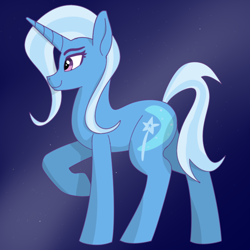 Size: 800x800 | Tagged: safe, artist:kujivunia, derpibooru import, trixie, unicorn, abstract background, colored, female, flat colors, mare, night, simple background, simple shading, sky, slim, solo, stars, wip