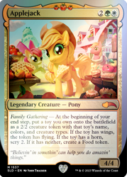 Size: 795x1110 | Tagged: safe, artist:john thacker, derpibooru import, apple bloom, applejack, big macintosh, earth pony, pony, apple, female, filly, foal, food, magic the gathering, male, mare, merchandise, official, pie, ponies the galloping, stallion