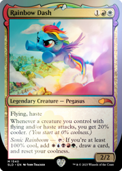 Size: 795x1110 | Tagged: safe, artist:john thacker, derpibooru import, rainbow dash, pegasus, pony, 20% cooler, female, magic the gathering, mare, merchandise, official, ponies the galloping, solo, sonic rainboom