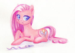 Size: 1410x1000 | Tagged: safe, artist:maytee, derpibooru import, pinkie pie, earth pony, pony, colored pencil drawing, lying down, party horn, pinkamena diane pie, prone, solo, traditional art, watercolor painting