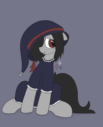 Size: 1020x1254 | Tagged: safe, artist:castafae, derpibooru import, oc, oc only, oc:faint rune, earth pony, pony, clothes, dress, ears, female, floppy ears, hair over one eye, hat, mare, simple background, sitting, solo