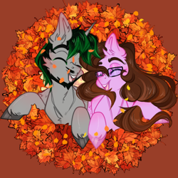 Size: 600x600 | Tagged: safe, artist:bananasplitedy, derpibooru import, oc, oc only, oc:ivy rose, oc:logic loop, pegasus, pony, unicorn, blushing, commission, ear blush, horn, leaf, leaves, makeup, open mouth, pegasus oc, sketch, smiling, unicorn oc, wind, ych result, your character here