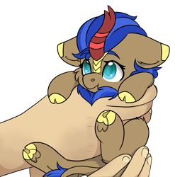 Size: 2197x2223 | Tagged: safe, artist:hellenroko, derpibooru import, oc, oc only, oc:cobalt flame, kirin, pony, holding a pony, in goliath's palm, simple background, size difference, smol, solo, transparent background