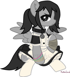 Size: 1117x1231 | Tagged: safe, artist:yeetmedownthestairs, derpibooru import, oc, oc only, oc:kazane, pegasus, pony, bandage, bracelet, clothes, collar, commission, dress, female, jewelry, maid, mare, simple background, sitting, socks, solo, stockings, thigh highs, transparent background, unamused, ych result