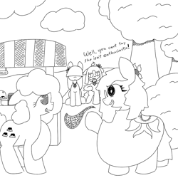 Size: 1020x1020 | Tagged: safe, artist:castafae, derpibooru import, oc, oc:benediction, earth pony, pony, blah blah blah, female, monochrome, nervous, sitting