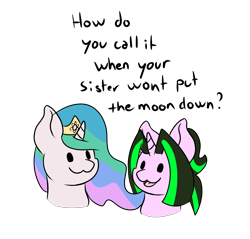 Size: 2568x2460 | Tagged: safe, artist:noxi1_48, derpibooru import, princess celestia, oc, alicorn, pony, unicorn, bust, daily dose of friends, duo, joke, open mouth, open smile, simple background, smiling, transparent background