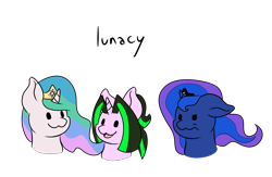 Size: 3741x2437 | Tagged: safe, artist:noxi1_48, derpibooru import, princess celestia, princess luna, oc, alicorn, pony, unicorn, bust, daily dose of friends, luna is not amused, open mouth, open smile, pun, simple background, smiling, transparent background, trio, unamused