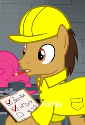 Size: 471x688 | Tagged: safe, derpibooru import, screencap, earth pony, pony, the last laugh, checklist, clipboard, clothes, factory, funny, gag factory, hard hat, hat, male, mouth hold, pencil, shirt, stallion, uniform, written equestrian