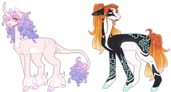 Size: 4890x2643 | Tagged: safe, artist:sleepy-nova, derpibooru import, oc, oc only, classical unicorn, earth pony, pony, unicorn, body freckles, body markings, cloven hooves, colored hooves, curved horn, cyan eyes, duo, ear piercing, earring, ears back, facial markings, female, freckles, gradient mane, gradient tail, hoof polish, horn, jewelry, leg freckles, leonine tail, lidded eyes, magical lesbian spawn, mare, offspring, orange eyes, parent:cozy glow, parent:sweetie belle, parents:cozybelle, piercing, ponytail, simple background, standing, tail, tail fluff, tail freckles, transparent background, unnamed oc, unshorn fetlocks