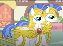 Size: 645x475 | Tagged: safe, derpibooru import, screencap, pegasus, pony, friendship is magic, g4, season 1, armor, cropped, duo focus, female, folded wings, male, pegasus royal guard, royal guard, royal guard armor, stallion, unnamed character, unnamed pony, wings