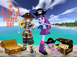 Size: 1280x960 | Tagged: safe, artist:alandssparkle, artist:matrixchicken, artist:user15432, derpibooru import, spike, twilight sparkle, twilight sparkle (alicorn), alicorn, dog, human, equestria girls, arms wide open, beach, book, cloud, coin, crossover, diamond, gemstones, gold coins, hand on hip, hat, holiday, keyblade, kingdom hearts, looking at you, ocean, open mouth, pirate, pirate hat, pirate spike, pirate twilight, sand, smiling, sora, soralight, spike the dog, talk like a pirate day, treasure, treasure chest