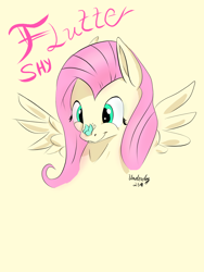 Size: 1500x2000 | Tagged: safe, artist:underdog234, derpibooru import, fluttershy, butterfly, pegasus, pony, bust, butterfly on nose, insect on nose, simple background, solo, spread wings, wings, yellow background