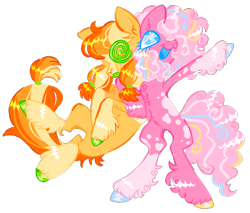 Size: 1252x1067 | Tagged: safe, artist:webkinzworldz, derpibooru import, applejack, pinkie pie, earth pony, pony, twinkle eyed pony, alternate color palette, alternate design, alternate hairstyle, belly fluff, blaze (coat marking), body markings, chest fluff, coat markings, colored hooves, dappled, duo, ear fluff, ears, facial markings, female, freckles, hoof polish, leg fluff, mare, mismatched hooves, missing accessory, missing hat, open mouth, pigtails, simple background, smiling, socks (coat marking), swirly eyes, transparent background, unshorn fetlocks