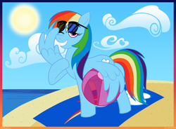 Size: 1900x1400 | Tagged: safe, artist:blumoontoons, artist:dannydukehazard, derpibooru import, rainbow dash, pegasus, pony, beach, beach ball, beach towel, grin, one eye closed, smiling, solo, sun, sunglasses, wing hold, wings