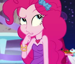 Size: 757x651 | Tagged: safe, derpibooru import, screencap, pinkie pie, human, equestria girls, twilight under the stars, spoiler:eqg series (season 2), bare shoulders, bracelet, clothes, dress, eyebrows, hairband, hand on chin, heart, heart necklace, hmm, jewelry, looking up, necklace, raised eyebrow, sleeveless, sleeveless dress, solo, strapless, strapless dress, thinking