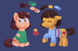 Size: 601x393 | Tagged: safe, artist:superkirbylover, derpibooru import, pony, chara, clothes, color palette, duo, frisk, ponified, raised hoof, raised leg, sitting, species swap, sweater, undertale