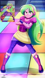 Size: 1934x3334 | Tagged: safe, artist:the-butch-x, derpibooru import, screencap, lemon zest, human, dance magic, equestria girls, spoiler:eqg specials, boots, clothes, crossed arms, eyeshadow, female, headphones, high heel boots, leggings, makeup, scene interpretation, screencap reference, shirt, shoes, skirt, solo, t-shirt