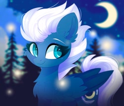 Size: 1765x1510 | Tagged: safe, artist:cinnamontee, derpibooru import, night glider, pegasus, pony, blurry background, cheek fluff, chest fluff, crescent moon, cute, ear fluff, ears, eyebrows, female, folded wings, glideabetes, mare, moon, night, night sky, outdoors, sky, smiling, stars, tree, wings