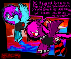 Size: 1730x1446 | Tagged: safe, artist:xxv4mp_g4z3rxx, derpibooru import, oc, oc:laughing gas, oc:violet valium, bat pony, pegasus, pony, clothes, collar, dialogue, duo, emo, fangs, fishnet stockings, flying, hospital band, magenta mane, mane extentions, piercing, pink eyes, red eyes, scene, signature, socks, spiked collar, spiked wristband, striped socks, two toned mane, wristband