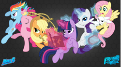 Size: 8000x4443 | Tagged: safe, artist:twilirity, derpibooru import, angel bunny, applejack, fluttershy, pinkie pie, rainbow dash, rarity, twilight sparkle, unicorn twilight, pony, unicorn, fighting is magic, book, cupcake, food, gem, lasso, magic, mane six, rope, wallpaper