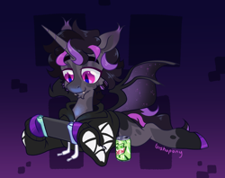 Size: 2386x1888 | Tagged: safe, artist:bishopony, derpibooru import, oc, oc only, alicorn, bat pony, bat pony alicorn, pony, bat wings, can, clothes, commission, dexterous hooves, drink, fangs, hoodie, hoof hold, horn, lying down, mountain dew, nintendo switch, prone, signature, soda, soda can, solo, sploot, wings