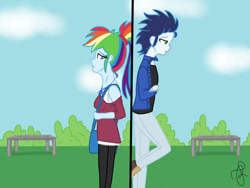 Size: 749x562 | Tagged: safe, artist:ilaria122, derpibooru import, rainbow dash, soarin', human, equestria girls, female, male, shipping, soarindash, straight