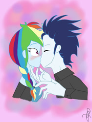 Size: 750x1000 | Tagged: safe, artist:ilaria122, derpibooru import, rainbow dash, soarin', human, equestria girls, blushing, female, kiss on the lips, kissing, male, shipping, soarindash, straight