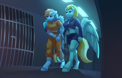Size: 2930x1876 | Tagged: safe, artist:peachmayflower, derpibooru import, lightning dust, rainbow dash, anthro, unguligrade anthro, belly button, bound wings, chains, clothes, commissioner:rainbowdash69, cuffs, duo, jail, jumpsuit, midriff, never doubt rainbowdash69's involvement, officer ld, police uniform, prison, prison outfit, prisoner, prisoner rd, shackles, walking, wing cuffs, wings