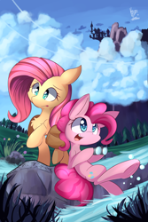 Size: 3600x5400 | Tagged: safe, artist:dshou, artist:kawaiipony2, derpibooru import, fluttershy, pinkie pie, earth pony, pegasus, pony, absurd resolution, binoculars, canterlot, chest fluff, cloud, cute, diapinkes, duo, duo female, eyebrows, female, grass, mare, open mouth, open smile, outdoors, raised hoof, raised leg, shyabetes, signature, sky, smiling, tree, water