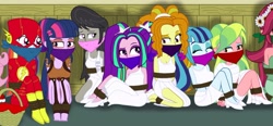 Size: 2776x1291 | Tagged: safe, artist:robukun, derpibooru import, edit, adagio dazzle, aria blaze, lemon zest, rainbow dash, sonata dusk, twilight sparkle, human, equestria girls, bondage, bound and gagged, cloth gag, clothes, costume, cropped, gag, hercules, rainbond dash, tied up