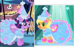 Size: 2489x1596 | Tagged: safe, derpibooru import, applejack, twilight sparkle, twilight sparkle (alicorn), alicorn, earth pony, pony, bow, clothes, dress, ear piercing, flower, flower in hair, froufrou glittery lacy outfit, hat, hennin, jewelry, necklace, piercing, princess, princess applejack