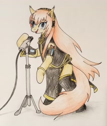 Size: 2352x2756 | Tagged: safe, artist:40kponyguy, derpibooru exclusive, derpibooru import, earth pony, pony, anime, bipedal, clothes, ear fluff, ears, female, looking at you, mare, megurine luka, microphone, ponified, side slit, simple background, skirt, solo, species swap, traditional art, vocaloid, zettai ryouiki